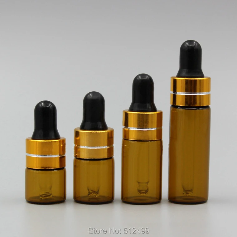 

50/100/200pcs 1ml 2ml 3ml 5ml Perfume Essential Oil Bottles brown Glass Dropper Bottle Jars With Pipette gold ring black head