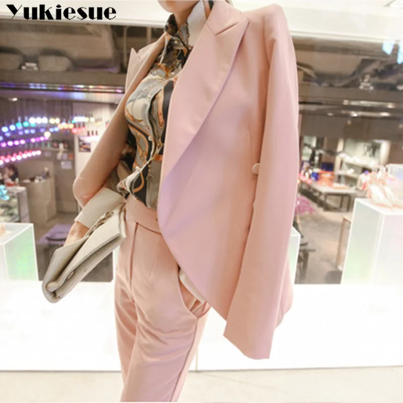 Модный розовый комплект из 2 предметов для женщин брючный костюм пиджак на одной
