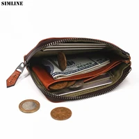 genuine leather wallet for men women unisex vintage cowhide short small slim zipper wallets purse with coin pocket card holder
