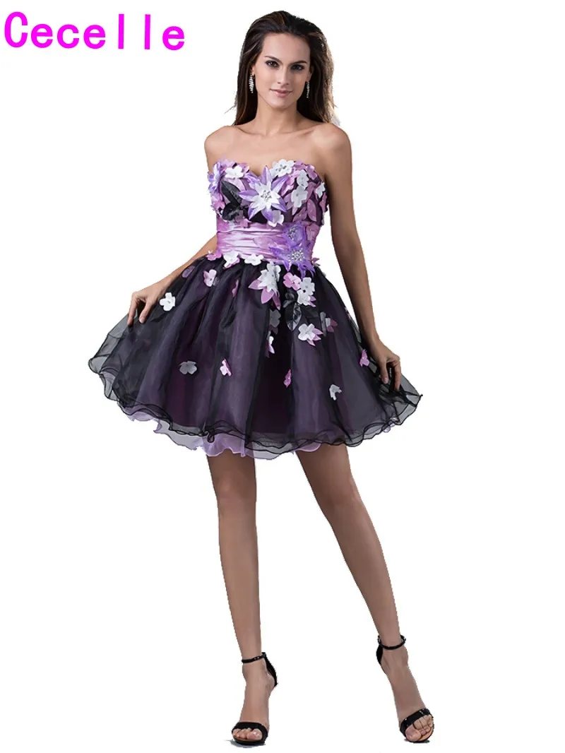 Красочные короткие милые платья на выпускной 2019 с цветами черные органза Юниоры