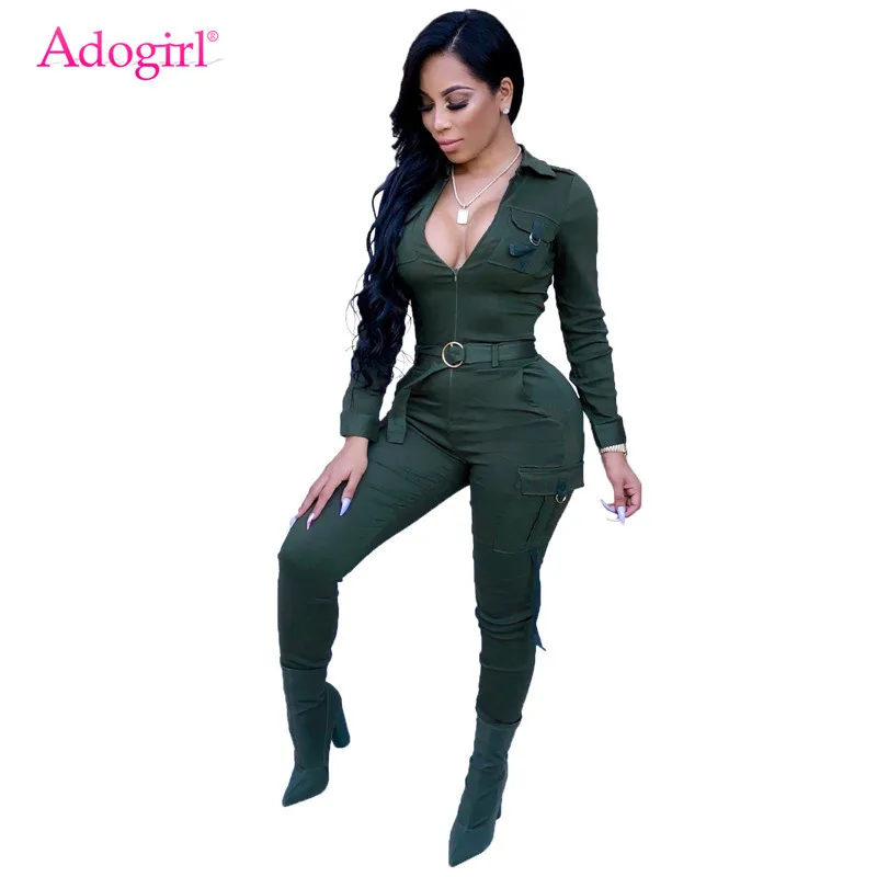 

Adogirl Women Pockets Sporting Jumpsuit Zipper Turn Down Collar Long Sleeve Casual Romper Skinny Pants Tracksuit Overalls Belt