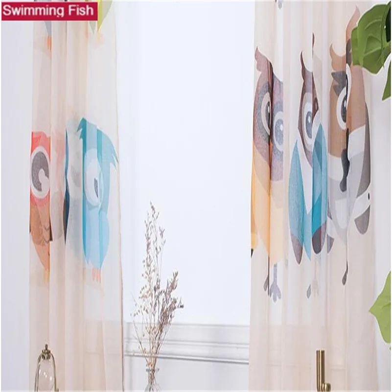 1pair window screening voile short door curtain print owl pattern curtains for kid's living room | Дом и сад