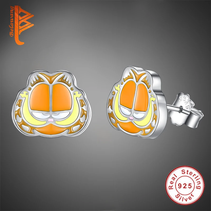 BELAWANG дизайн 925 стерлингового серебра мультфильм Гарфилд серьги-гвоздики в виде кошки модные милые 3D серьги в виде животных для женщин