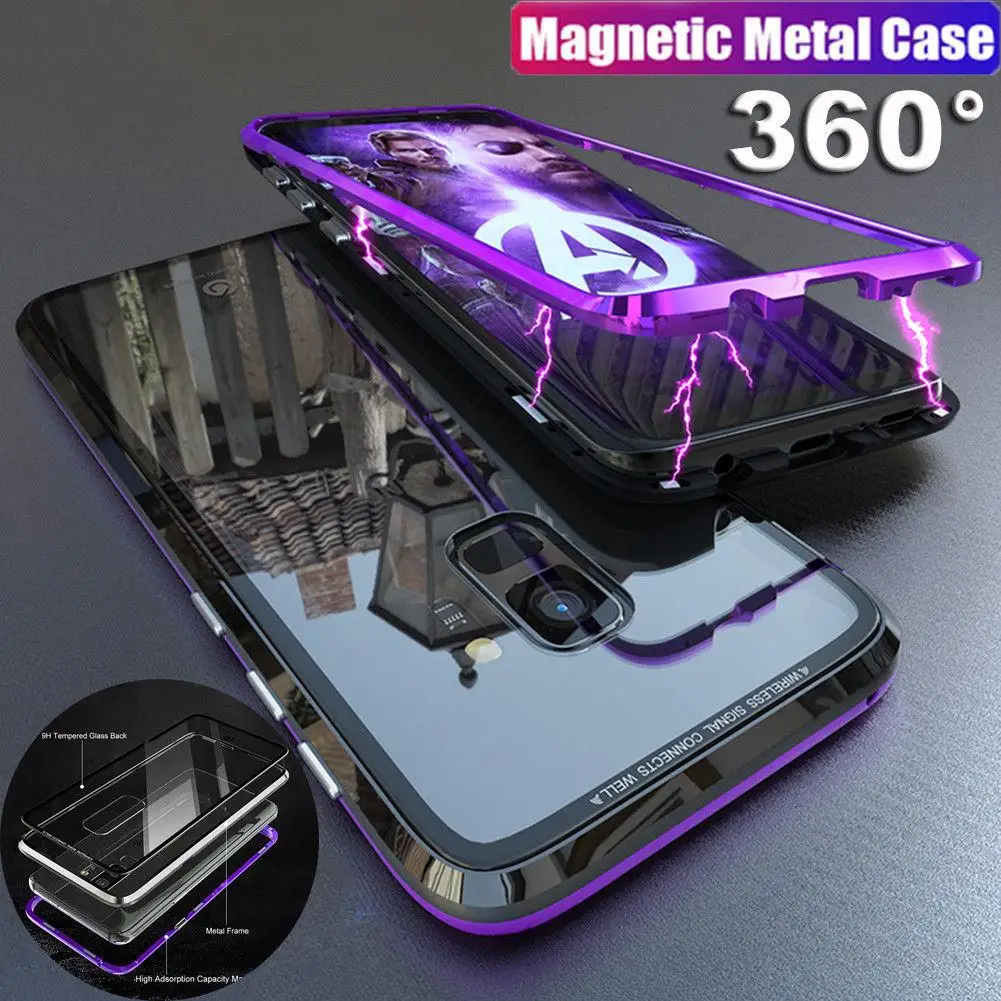 For Samsung Galaxy S8 S9 Plus Magnetic Absorption Temper Glass Back Metal Bumper Frame Case Cover |