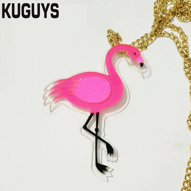 

KUGUYS, модное летнее ювелирное изделие, ярко-розовое ожерелье с фламинго для женщин, модное акриловое ожерелье с подвеской в виде животного, ц...