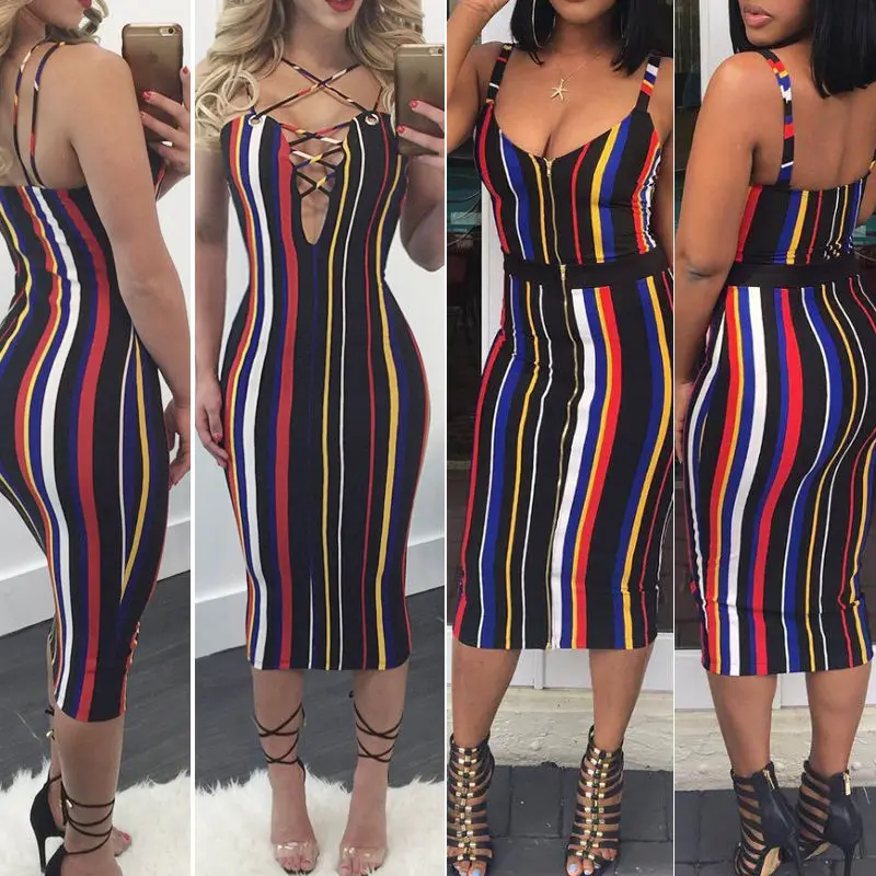 2017 пикантные женские женская одежда в радужную полоску Bodycon рукавов Вечеринка