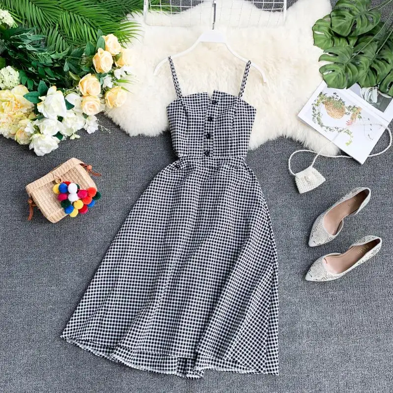 Женское платье с высокой талией однобортное клетчатое в студенческом стиле