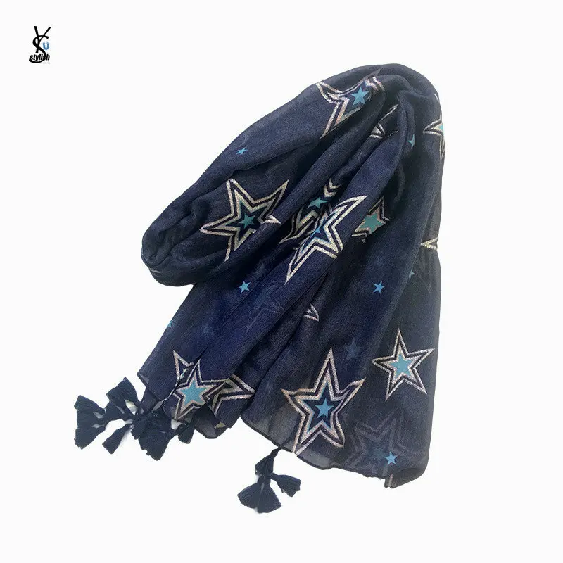 Фото Вискоза хиджаб блеск звезды синий шарф Echapement Летние Серебряные пентаграмма