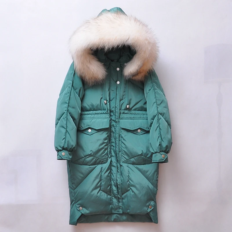 Пуховик женский длинная теплая парка с капюшоном и воротником из натурального