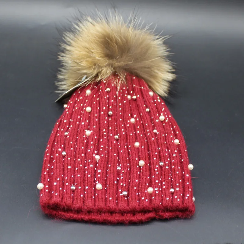 Женская зимняя вязаная шапка с помпоном из натурального меха енота|female cap|winter