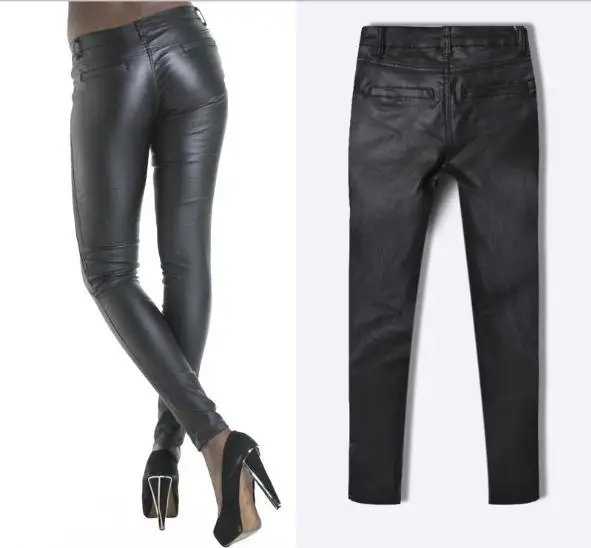 Эластичные женские брюки из искусственной кожи облегающий с заниженной талией