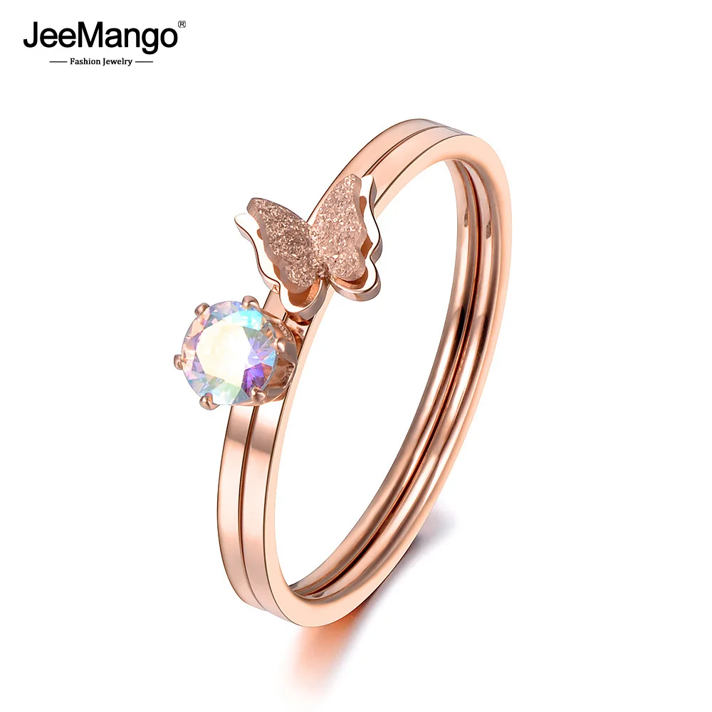 JeeMango кольцо из нержавеющей стали 2 в 1 с цветным цирконием милое розовое золото