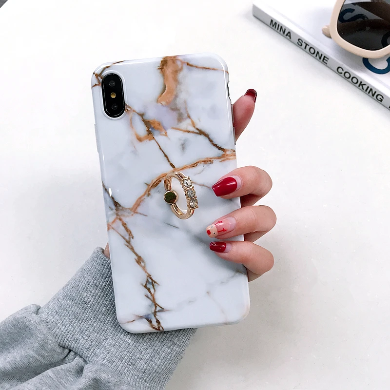Чехол для iPhone X Xr Xs Max роскошный мрамор с эффектом трещин блестящее кольцо