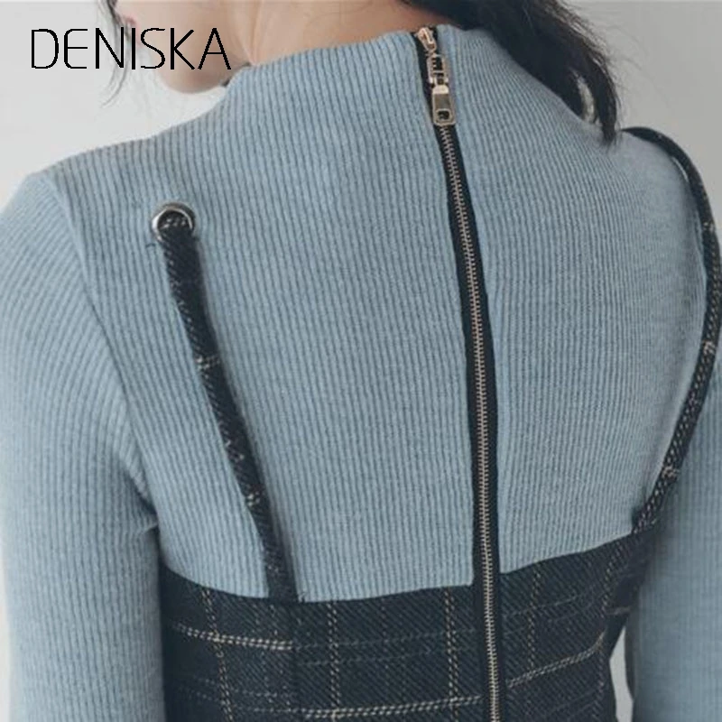 Дениска 2018 зима новое платье с роговыми рукавами талии решетки разделение