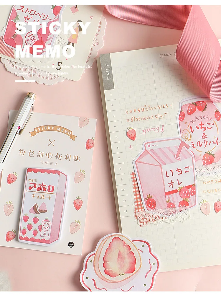 Розовые Клубничные серии блокноты для записей Kawaii Канцелярские Липкие заметки бумажные закладки для школьных учебников офисные поставки Papelaria