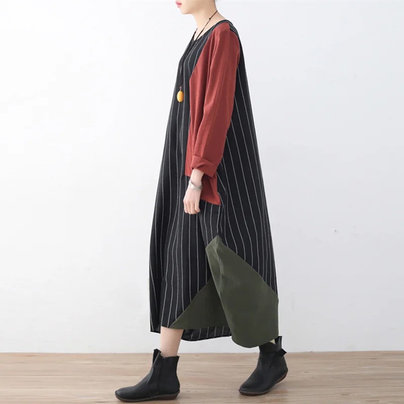 Johnature Women Large Size Long Dresses New 2020 Spring Casual Patchwork Striped O-Neck Loose Waist Sleeve | Женская одежда