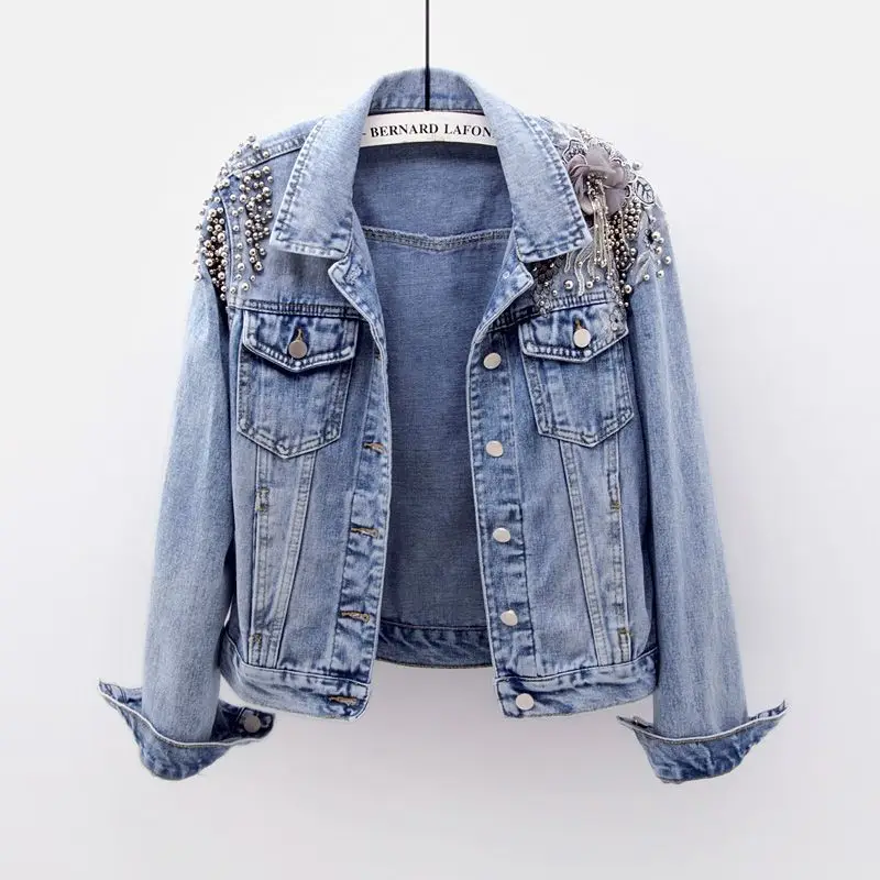 High-end Women Short Denim Jacket Spring Autumn Beaded Embroidery Slim Vintage Jeans Jackets Casual Basic Coat Bomber Outerwear