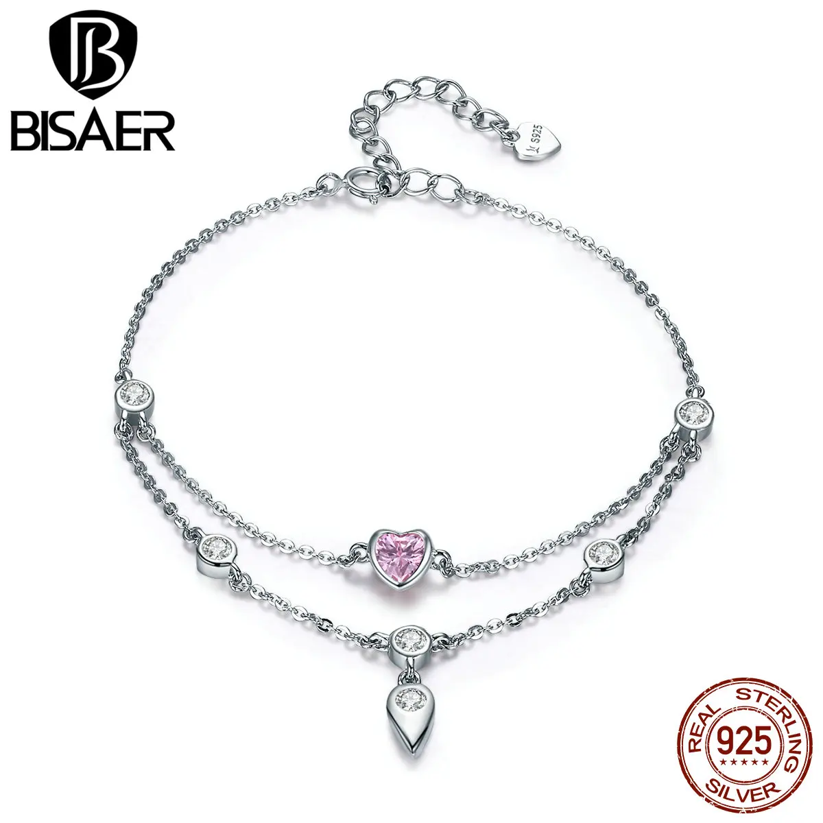 Женский двухслойный браслет цепочка BISAER из стерлингового серебра 925 пробы с