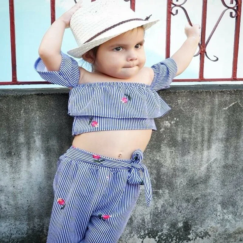 Новая летняя одежда для маленьких девочек из 2 предметов Милая футболка в полоску