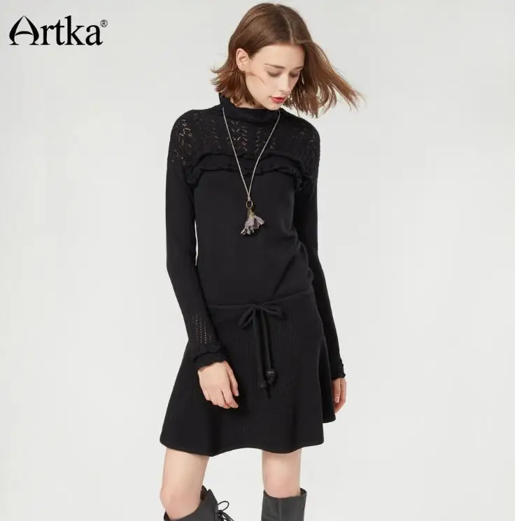 ARTKA осеннее платье-свитер для женщин шерстяной пуловер Длинный кружевной свитер женский корейский свитер с оборками вязаный пуловер LB10275Q - Цвет: Black