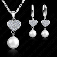 wholesale romantic cubic zircon cz fleshwater pearl heart shape pendant 925 sterling silver jewelry set