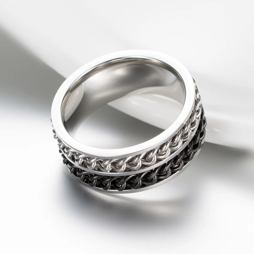 Двухцветное кольцо с двойной цепочкой титановое вращающееся