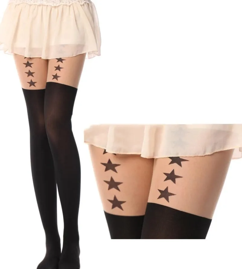 W024 Vertical star VISNXGI, новинка, черные, белые, кошачий хвост, лоскутные колготки с Тоторо, бархатные тату чулки, женские колготки, колготки, сексуальные колготки - Цвет: W024 Vertical star