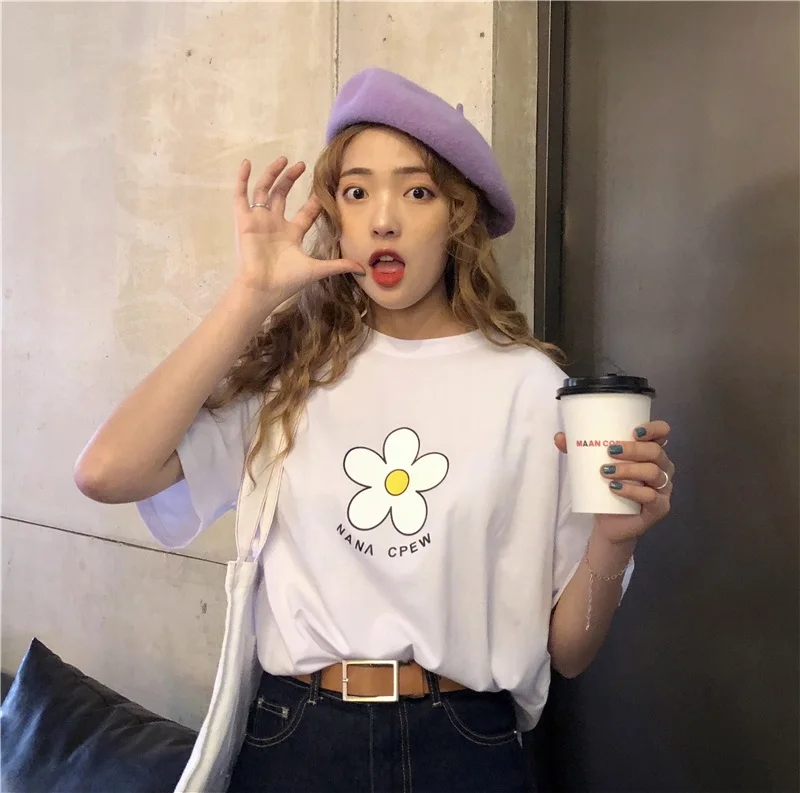 Белый Harajuku ulzzang цветы милый корейский хлопок с коротким рукавом o-образным вырезом Летняя мода Повседневная Свободная Женская футболка большого размера - Цвет: Белый