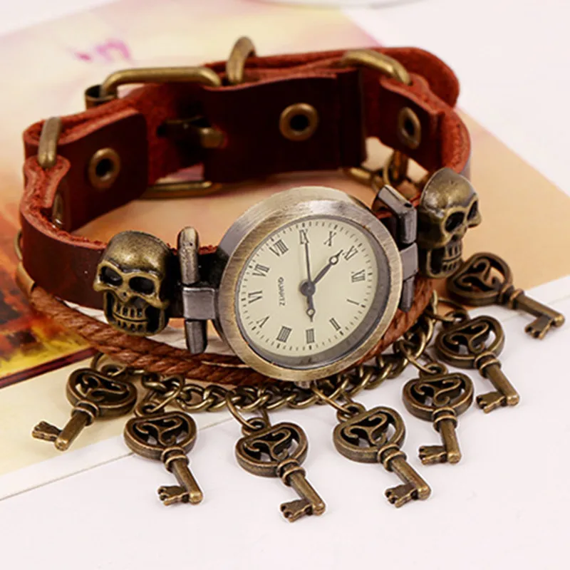 Gnova Platinum Top Genuine Leather Bracelet Quartz Watch Bronze Skulls Small Keys charm Chain Fashion Punk Wristwatch A916 | Наручные
