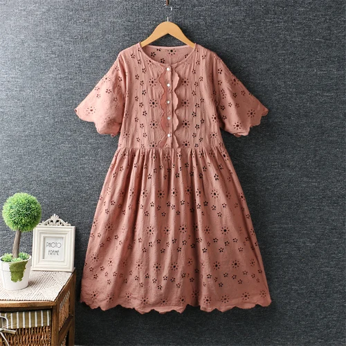 dark pink Милое летнее платье в стиле Mori Girl с вышивкой и оборками, с коротким рукавом, женское хлопковое свободное платье, хиппи, бохо, женские длинные платья, Vestidos - Цвет: dark pink