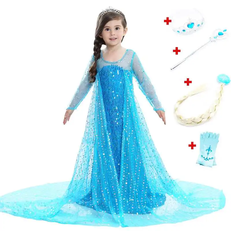 Blue Dress 5pcs Платье Эльзы; костюм для костюмированной вечеринки; одежда принцессы для девочек; платье Анны, Снежной королевы с фатиновой юбкой и накидкой; Рождественский костюм на Хэллоуин - Цвет: Blue Dress 5pcs