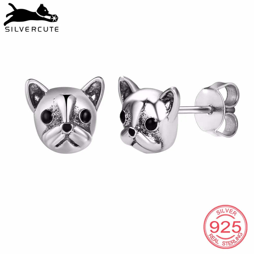 SILVERCUTE 925 пробы серебро французский шпилька в виде бульдога серьги для Для женщин