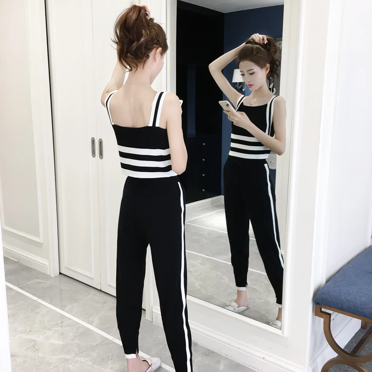 LKGHULO 2018 Two Piece Set Tracksuit Stripe Sexy Sleeveless Sweatsuits For Women Sets Cropped Survetement Femme military A687 | Женская