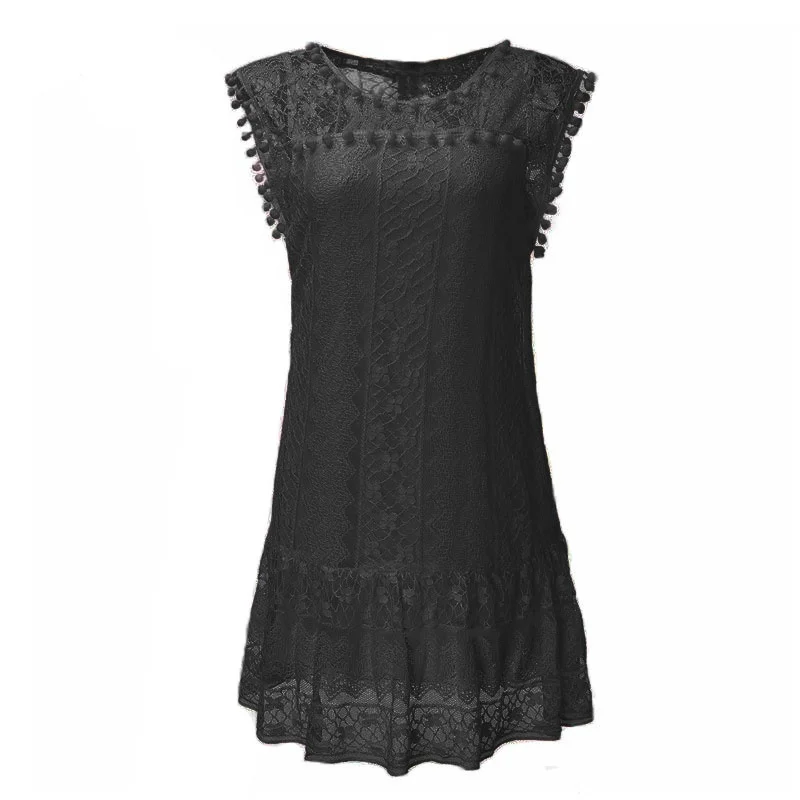 Женское короткое платье с круглым вырезом и кружевными оборками Повседневные
