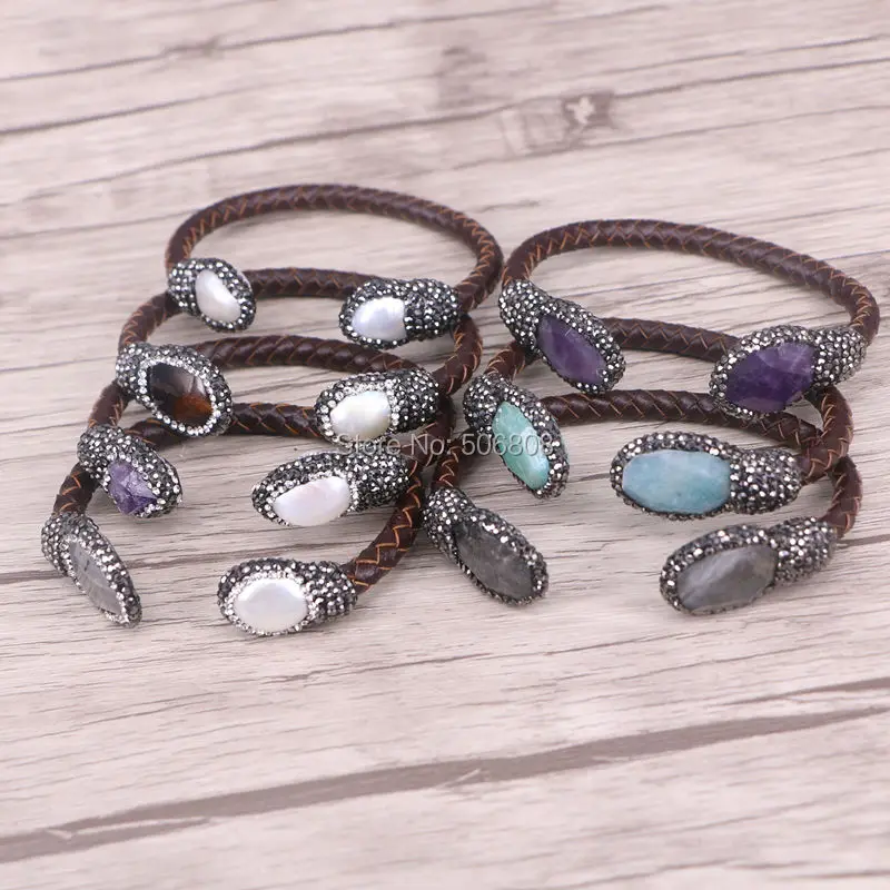 5 шт. натуральный Лабрадорит Жемчужный коричневый кожаный браслет с кристаллами