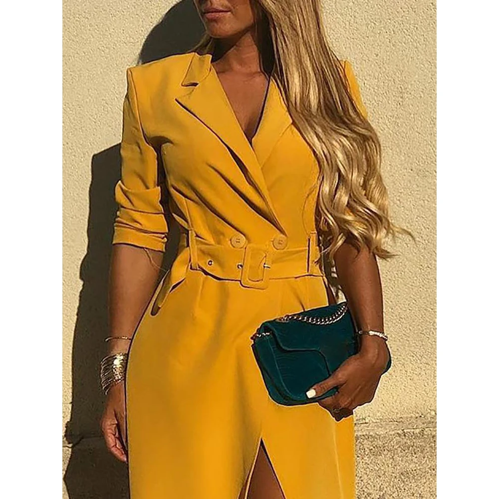 Сексуальное платье с поясом и разрезом летнее 2019 желтое длинным рукавом
