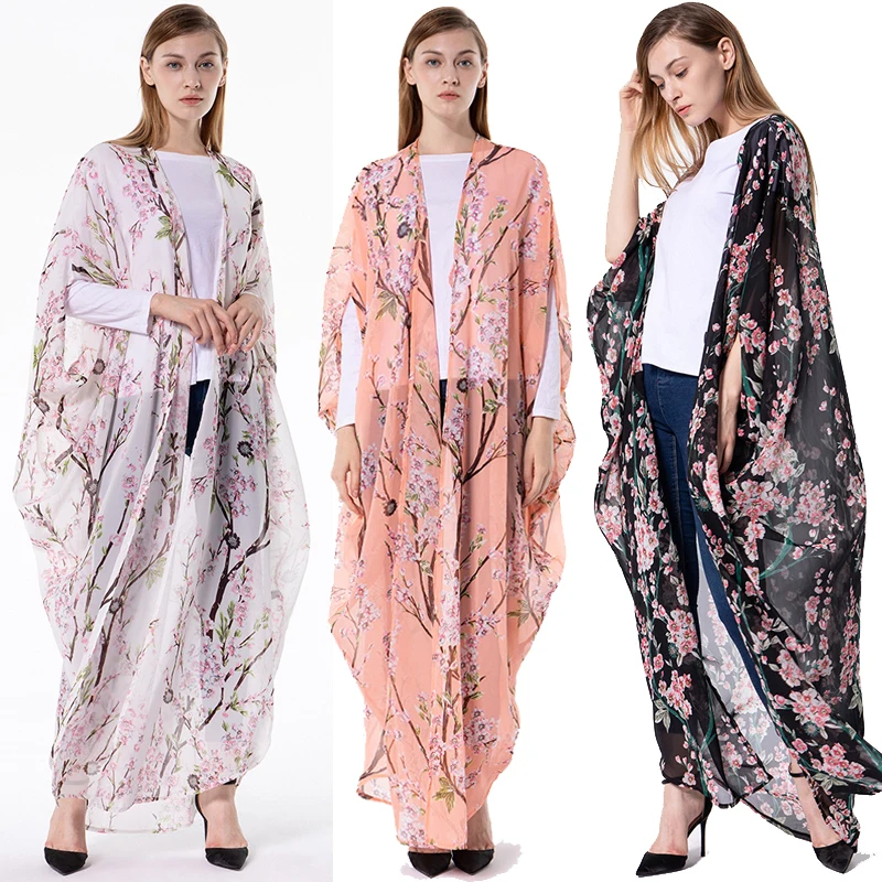 Размера плюс ropa mujer Boho abaya Дубай мусульманский корейский длинный рукав летучая мышь шифон Цветочный кимоно кардиган блузка женская одежда