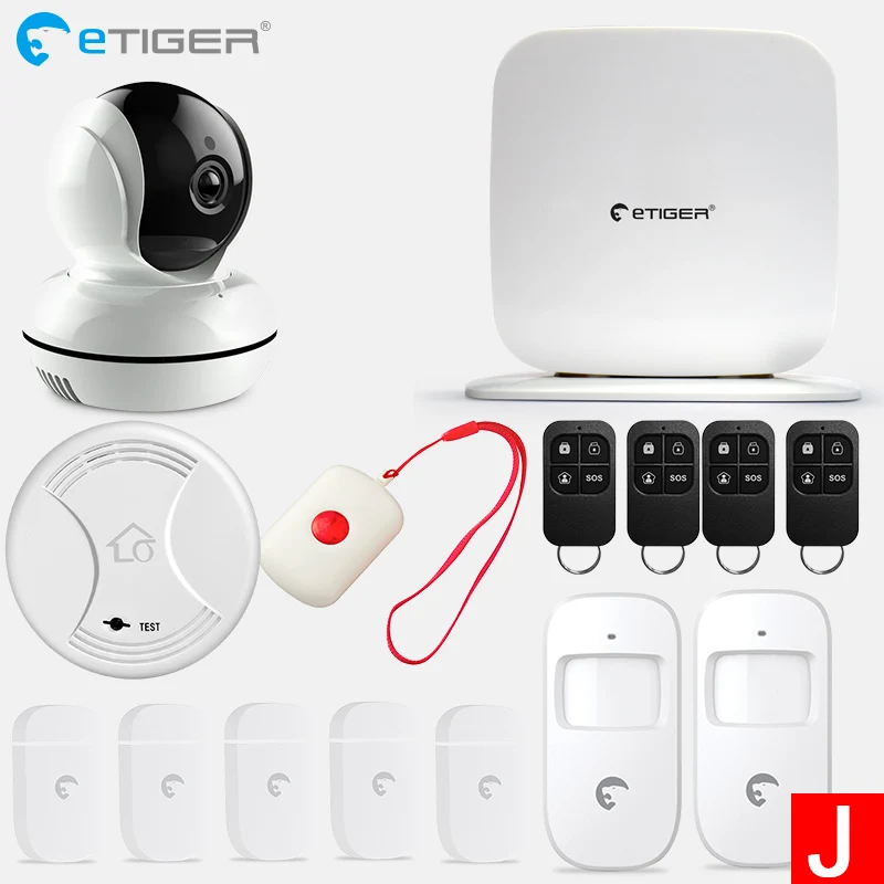 Etiger беспроводной Secual Box Wi-Fi/GSM сигнализация умный дом Комплект с датчиком движения PIR IP wifi камера Беспроводной детектор дыма - Цвет: SET   J