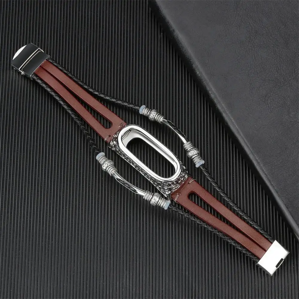 Replacement Leather Wristband Band Strap+ Metal Case For Xiaomi Mi Band 4 bracelet vintage Soft Stainless steel classic buckle