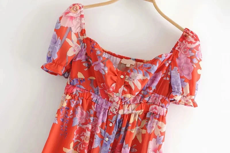Vintage Chic Floral Print Buttons Maxi Dress Women Fashion Square Collar Short Sleeve Pleated Dresses Casual Vestidos Mujer