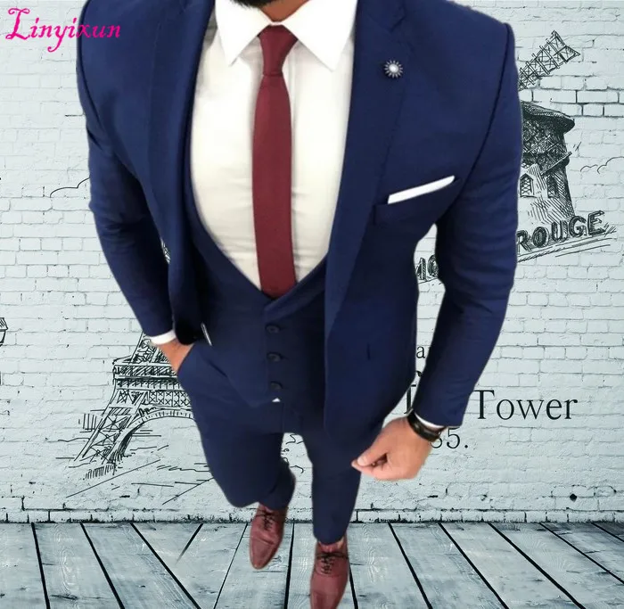 Linyixun пользовательские Темно-синие мужской костюм куртка для выпускного Slim Fit 3