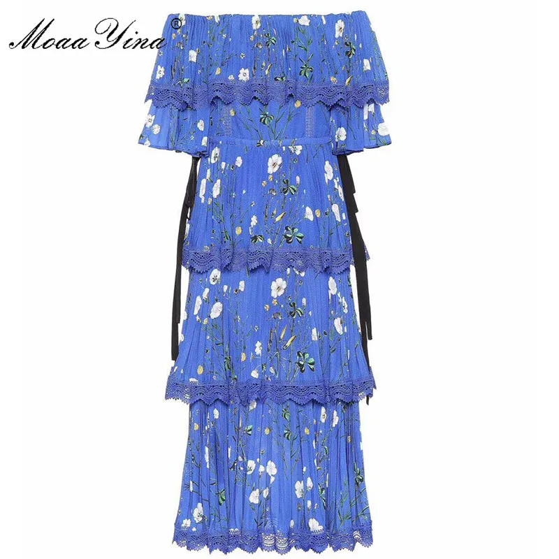 Женское платье с цветочным принтом MoaaYina синее каскадными оборками для отпуска на
