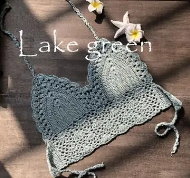 Lake Green Бикини, сексуальный топ ручной работы, вязаный кроп-топ, женский летний купальник, лифчики, пуш-ап, свободные пляжные майки с лямкой на шее, бюстгальтеры для йоги - Цвет: Lake Green