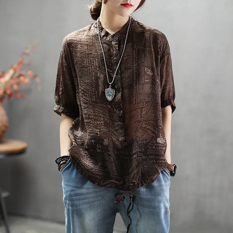 Летняя блузка Ретро Свободная Женская Повседневная рубашка Топы Стенд Кнопка