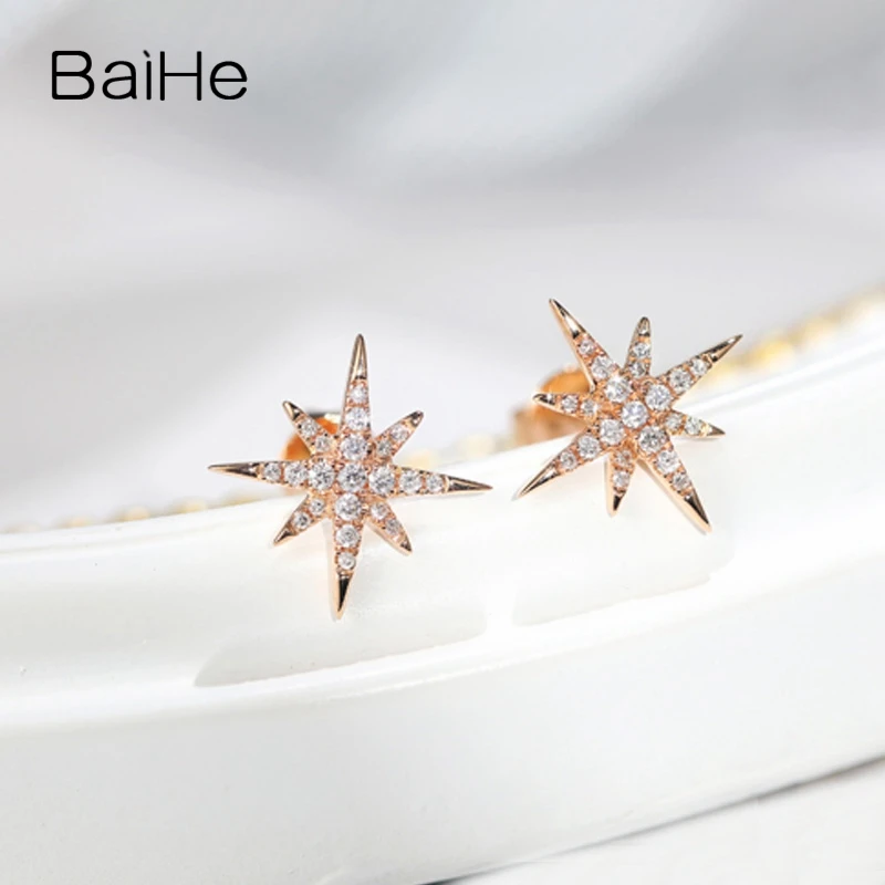 BAIHE Solid 14K розового/белого/желтое золото 0.14ct натуральный со стразами Модные