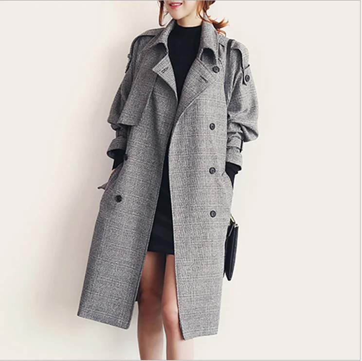 

Women Double Button Trench Long Fahsion Cplaid Windbreaker Trench Coat Spring Autumn Outwear Office Lady Fashion Coat W1009
