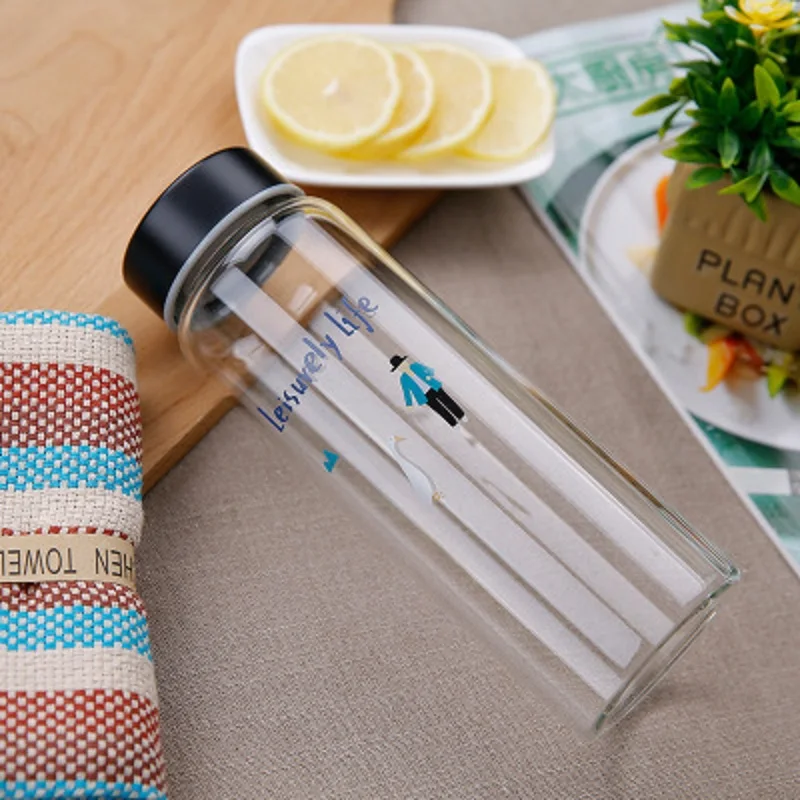 New Cute Glass Transparent Water Bottles Heat resistant Leakproof Proof Sports Drinkware Portable cup with lid | Дом и сад
