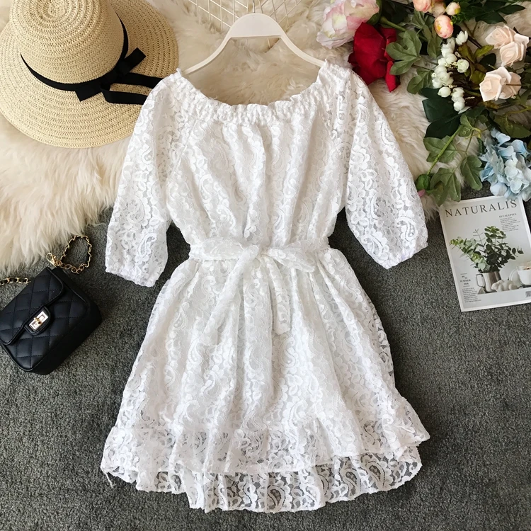 Лето 2019 Корейская версия короткое легкое платье с воротником и кружевом крючок