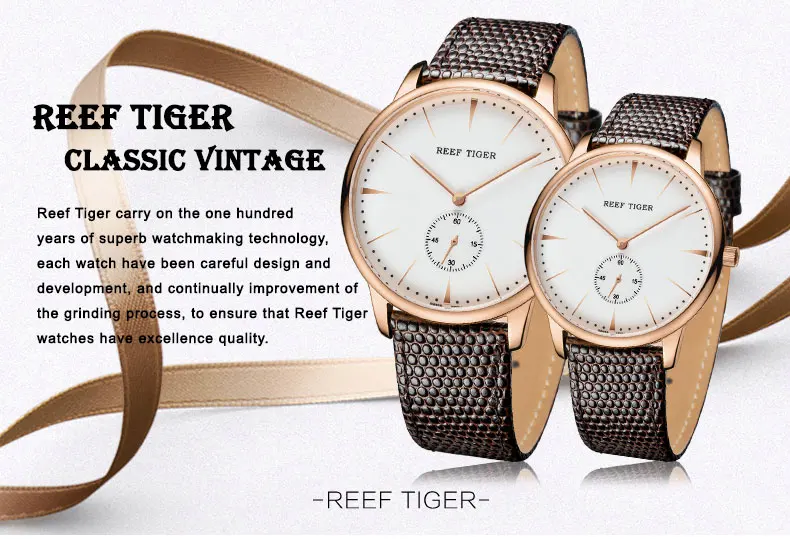 Reef Tiger/RT, розовое золото, ультра тонкие кварцевые часы для мужчин, розовое золото, часы с кожаным ремешком, RGA820