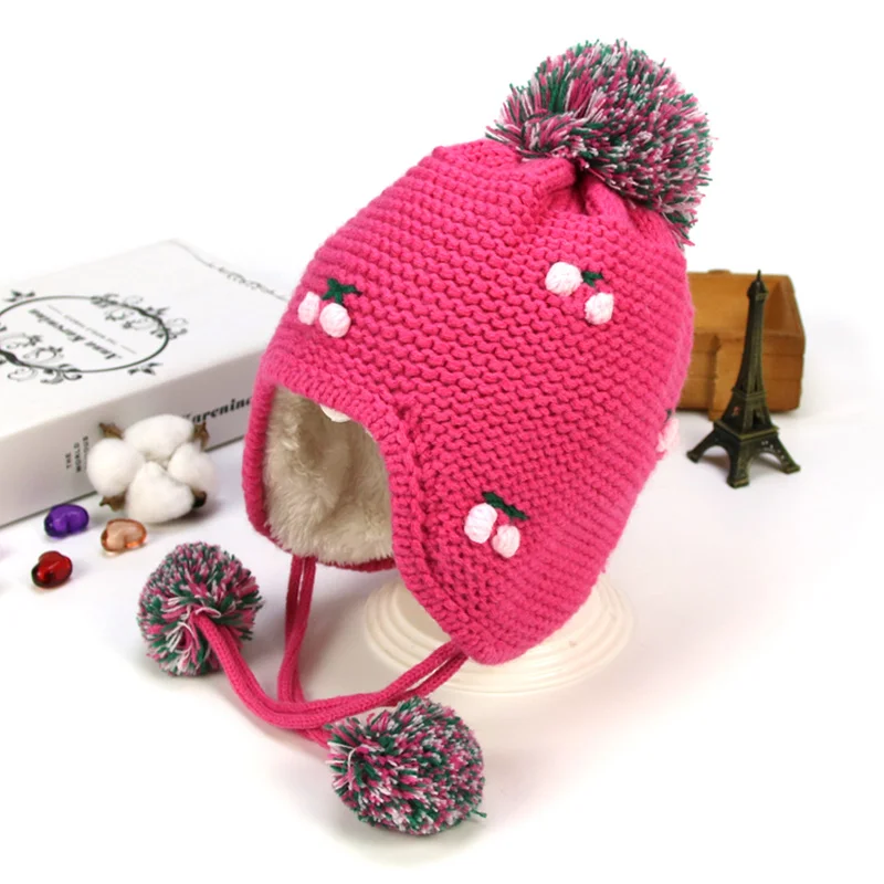 Cheery Knit Baby Hat Warm Velvet Winter For Girls Ear Protect Lace Up Beanie Pompom Cute Toddler Girl Clothing | Детская одежда и